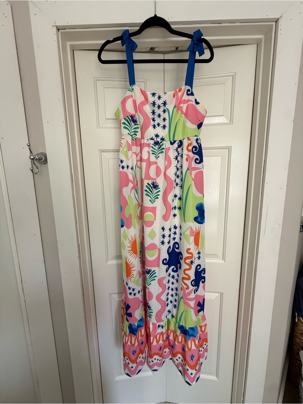 Colorful maxi dress with ribbon straps (great for nursing)